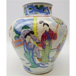  18th/ early 19th century Chinese Wucai baluster vase painted with a seated official and female attendants in interior setting with blue & white cracked ice-band borders, H29cm    