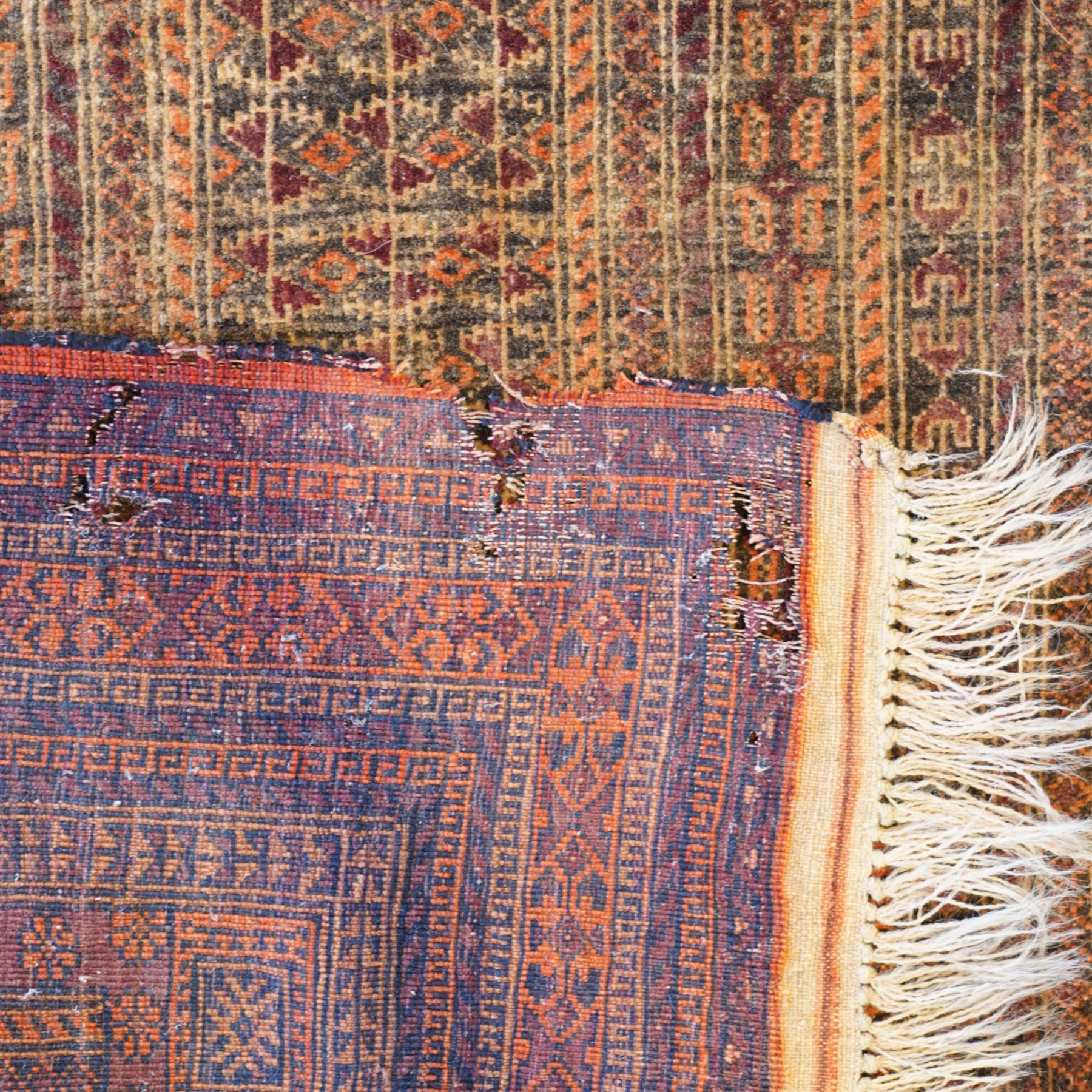 North West Persian Baluch prayer rug, central pointed mihrab design,    dark brown and camel tones, with repeating geometric and stylised floral motifs, lower field with tree of life motifs, main border geometric vine pattern in alternating colours, narrow guard stripes with repeating small motifs 
