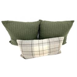 Aspen three seat sofa upholstered in a tweed style fabric, turned supports, with scatter cushions W224cm