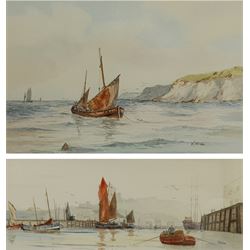 Ken Wigg (British 20th century): 'A Peaceful Morning' Scarborough Harbour and Whitby Coble off the Shore, two watercolours signed, one titled verso 25cm x 37cm and 19cm x 49cm (2)