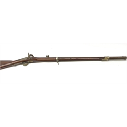  19th century French Military muzzle loading percussion cap rifled musket, approximately 20-bore, 83cm barrel stamped ELG, action stamped F.x Escoffier Entrepr. Mre Imple.A St. Etienne, with adjustable rear sight, twin straps and under barrel ram rod, L128cm overall