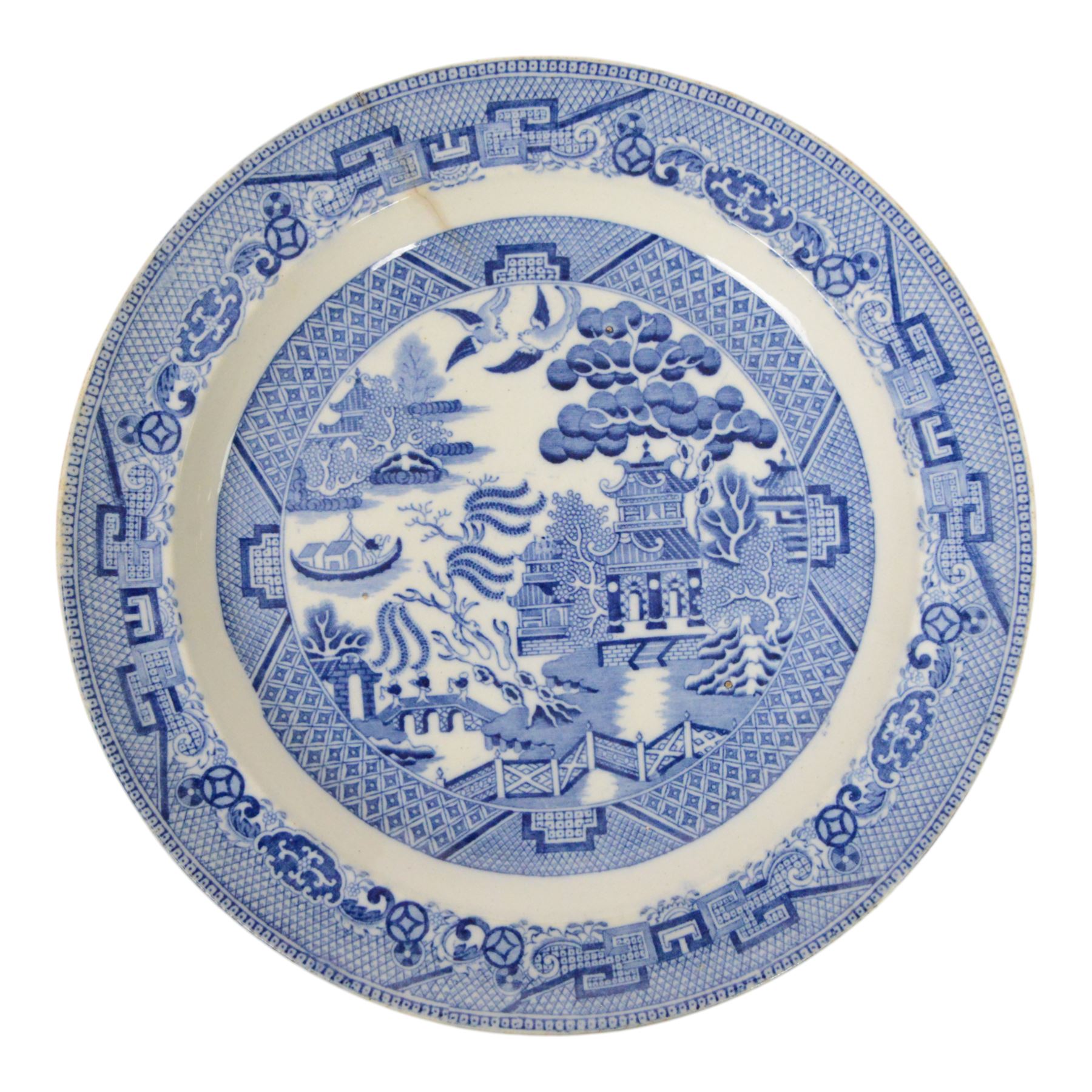 Collection of ten blue and white transfer plates, including two in Italian pattern with floral boarder, together with Willow pattern 