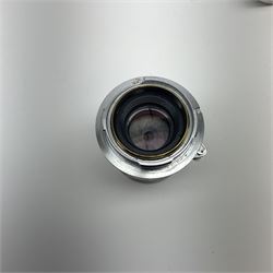 Leica M3 camera body, 1959, chrome finish, serial number '986937', fitted with 'Ernst Leitz GmbH Wetzlar Summicron f=5cm 1:2 Nr.1592614' lens, with Leica M3 instruction booklet