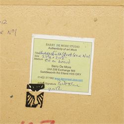 Barry De More (Yorkshire 1948-2023): 'Huddersfield Street Scene No1', oil and impasto on board signed titled and dated 2012 verso 45cm x 53cm
Notes: Acclaimed as one of the North's greatest expressionist artists, Barry De More (1948-2023) used a heavy impasto style to transfer his love of Yorkshire landscapes, townscapes and people to canvas. His work sits comfortably in the company of work by Kossoff and Auerbach, selling to collectors in the UK and overseas. De More's work can be found in the permanent collection of work by Northern Artists at Dean Clough, one of the UK's largest contemporary art galleries.