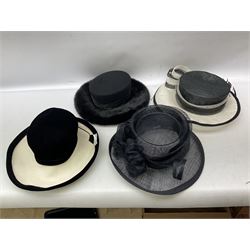 Collection of ladies hats to include boxed Jaeger occasion hat, Frederick Fox of London hat, ribbon band  and feathered decoration examples etc, many with boxes (11)
