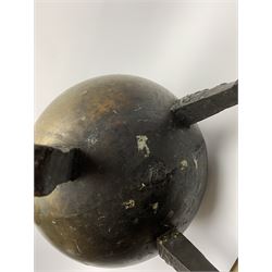 17th century bronze cauldron, probably German or Austrian, of bellied form with twin angular handles supporting a twisted handle, upon three splayed zoomorphic bearded mask feet, not including handle H30cm, rim D22cm