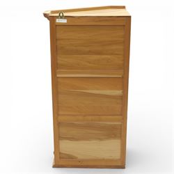 Unicornman - glazed oak corner cabinet, the triangular top with moulded cornice above a bevelled glass door, enclosing two fixed shelves, the canted front corner carved with Unicorn motif, by Geoff Gell of Coxwold