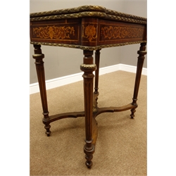  French inlaid walnut card table, swivel fold over top revealing fitted compartment, gilt metal beading and mounts, turned reeded supports connected by curved x-shaped stretcher, inlaid with scrolled acanthus leaves and flowers, W70cm, H77cm, D46cm  