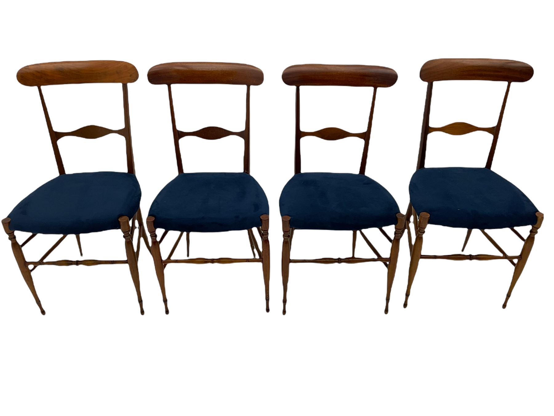 Campanino Chiavari by Fratelli Levaggi - circa. 1950s set eight walnut dining chairs, seats upholstered in blue fabric, 