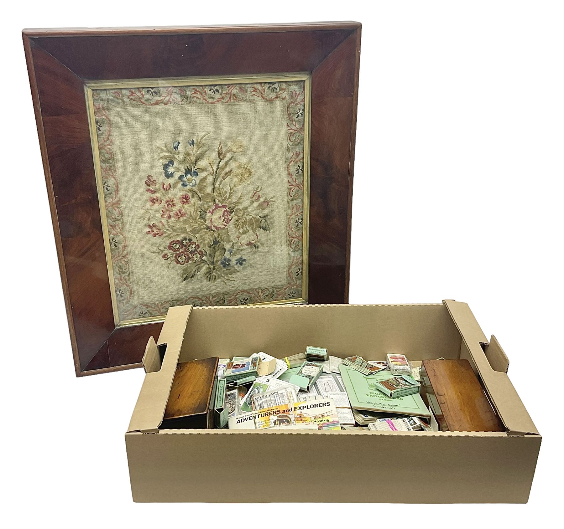 Floral tapestry in a mahogany frame, large collection of cigarette cards, framed tapestry, small microscope and a wooden correspondence box, frame H66cm