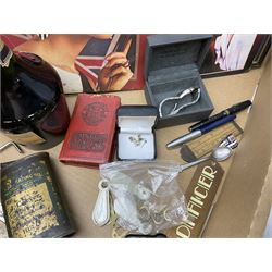  Kern Swiss precision drawing set, together with shooting sticks and walking sticks, Bottle of D.O.M. Benedictine Liquor and other collectables, in two boxes 