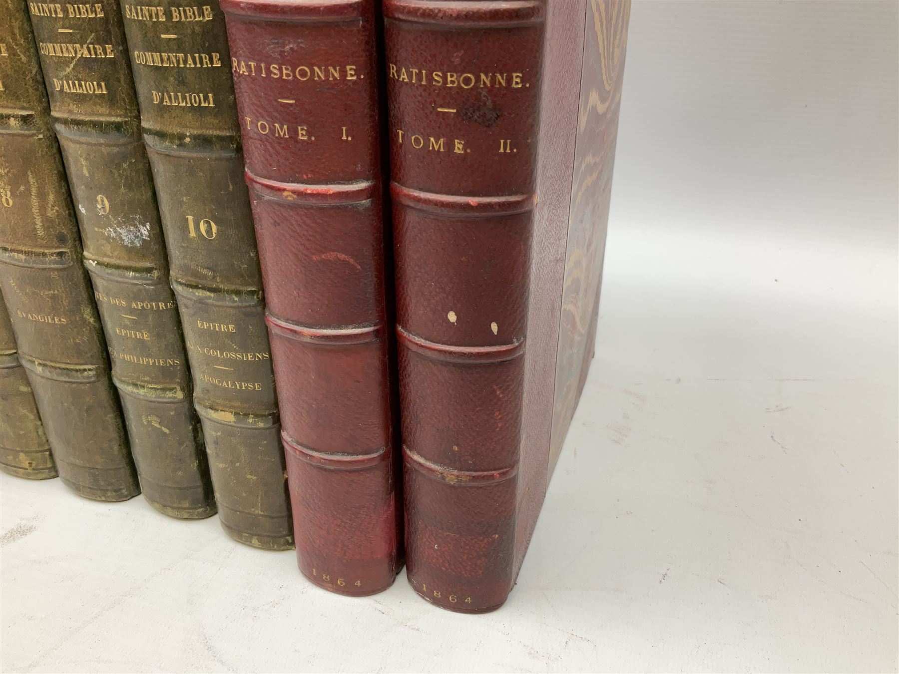 Histoire De Saint Bernard Et De Son Siecle par Le R.P. Marie-Theodore Ratisbonne. 1864 Paris. Two volumes; Nouveau Commentaire Litteral, Critique Et Theologique. 1854 Paris. Nine volumes; and Oeuvres De M. Audin. 1845/7 Paris. Eight volumes. All with leather bindings (19)