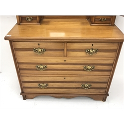  Edwardian satin walnut dressing chest, triple bevelled mirror back with two trinket drawers, the chest fitted with two short and two long drawers, on bracket feet, W99cm (chest width), H152cm (including mirror), D48cm  