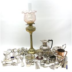 Brass oil lamp supporting a pink moulded glass shade and clear glass chimney, together with a group of metal ware including silver plate, to including matching tea pot, twin handled sucrerie and jug, quantity of assorted flatware etc. 