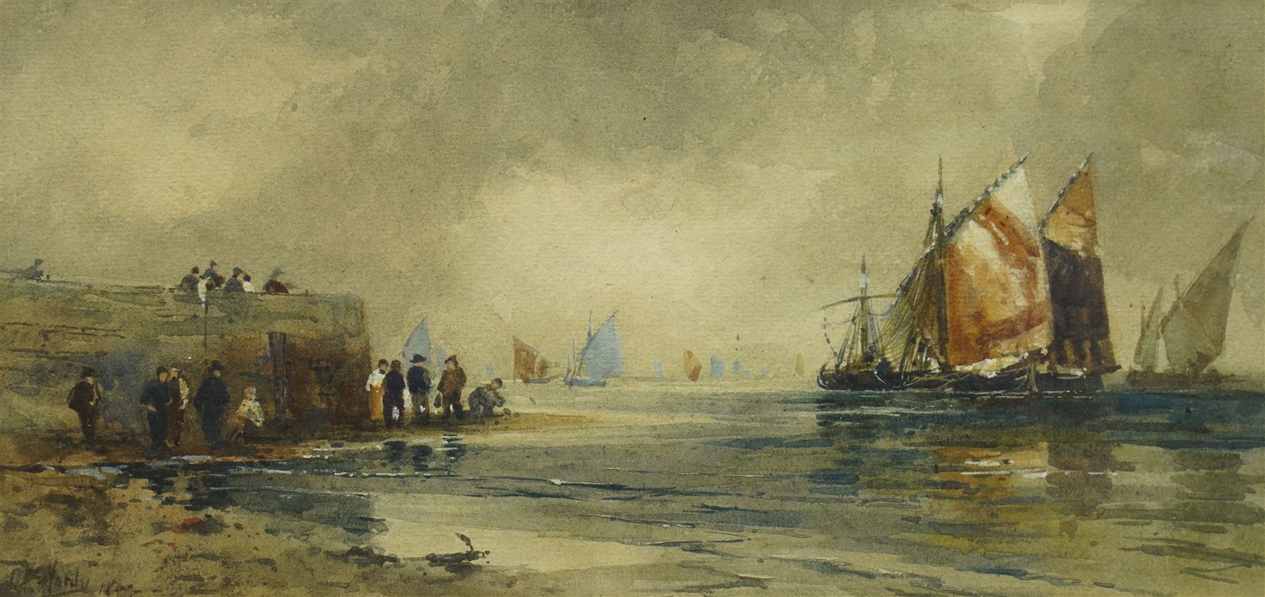 Thomas Bush Hardy (British 1842-1897): Dutch Coastal Scene with Figures and Ships, watercolour signed and indistinctly dated 18**, 16cm x 33cm