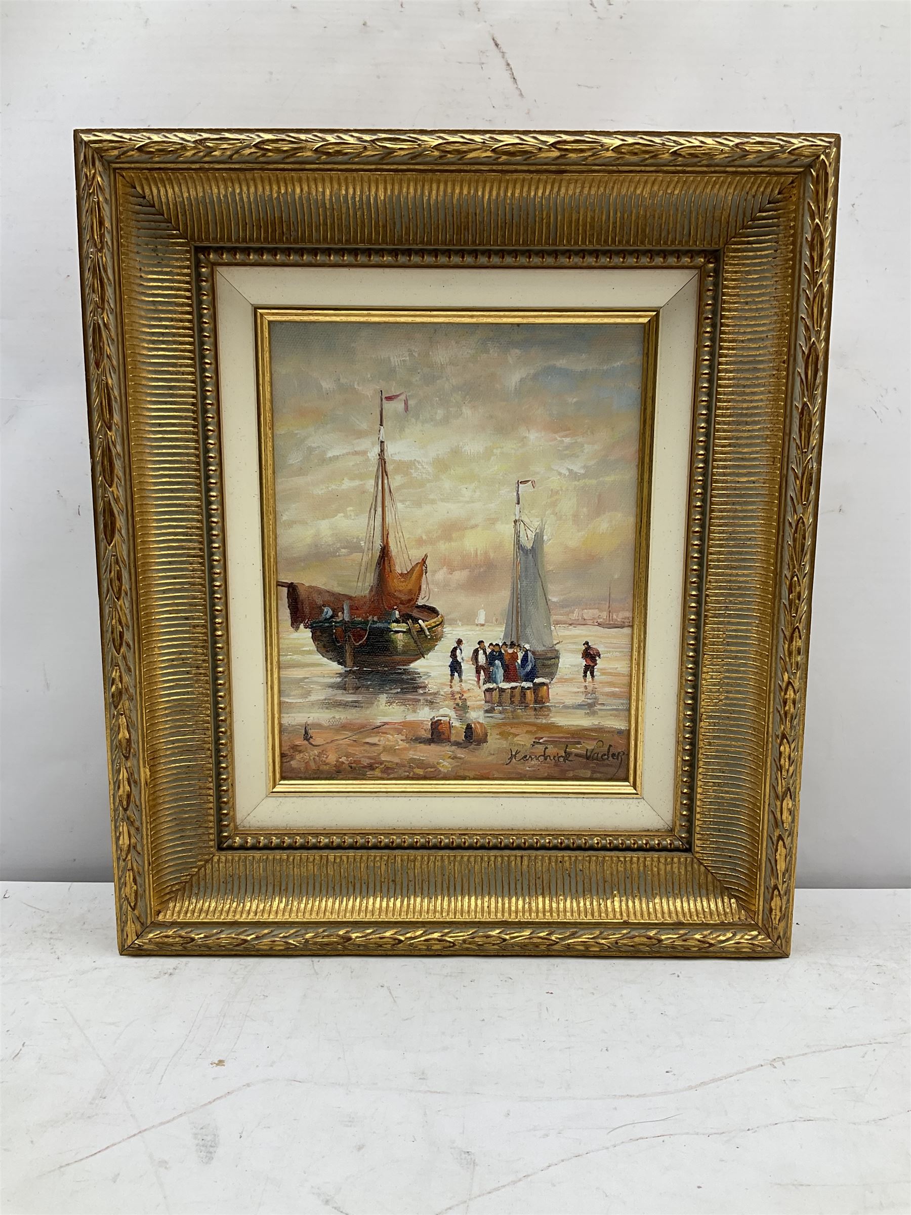 Hendrick Vader (Dutch 1928-1997): Figures and Boats on the Shoreline, oil on canvas signed 26cm x 20cm