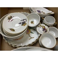 Royal Worcester Evesham and Evesham Vale tea and dinner wares, to include, three large covered tureens, coffee pot, eight tea cups and saucers, milk jug, two covered sucriers, boxed serving spoons etc, approx .130