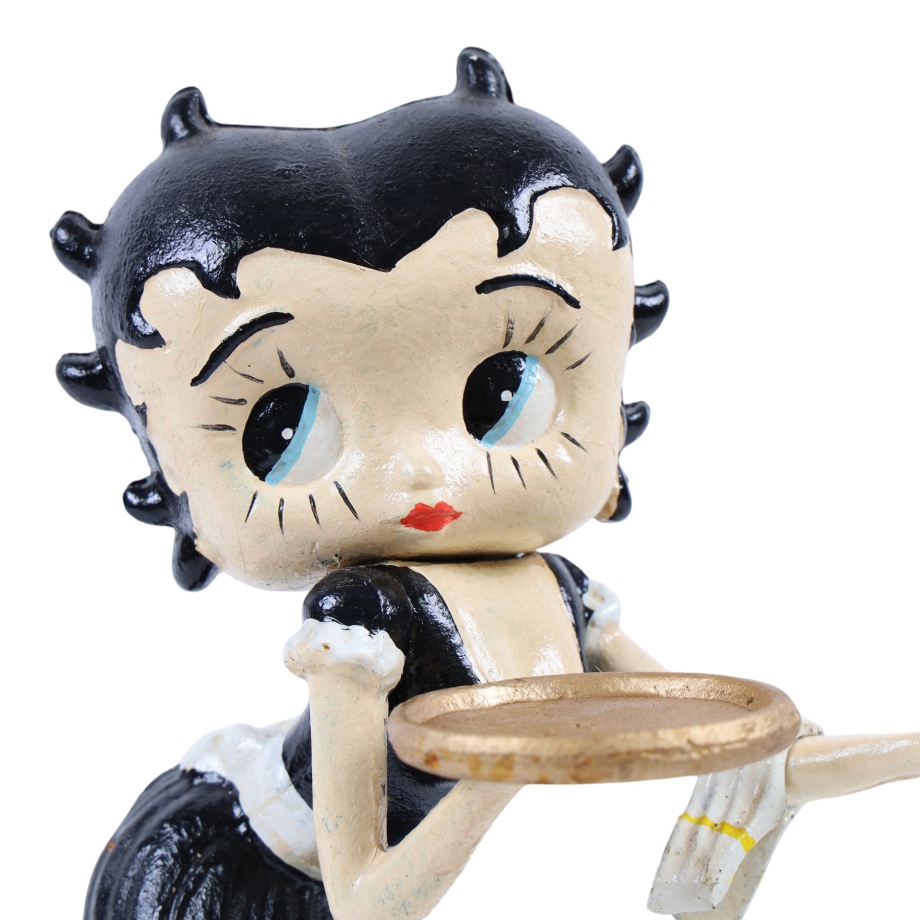 Cast-iron figure, modelled as Betty Boop in waitress clothing and carrying a tray, upon a silver plaque, H31cm