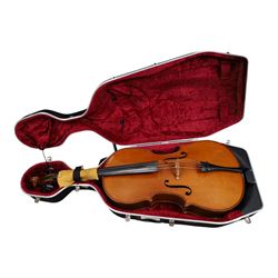 19th century cello, with two piece back, ebonised finger board and pegs, contained within Hiscox Lifelite case, cello back length 76cm