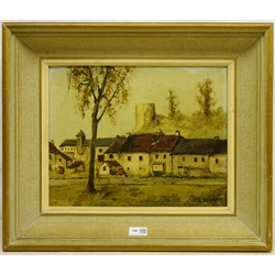 Louis Peyrat (French 1911-2001): Houses before a Castle, oil on canvas signed 31cm x 39cm

