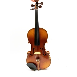  Maidstone School violin c1930 with 36cm two-piece maple back and spruce top, bears label 'The Maidstone School Orchestra Association 463 Oxford Street London Made in Czechoslovakia', L59cm overall, in carrying case  