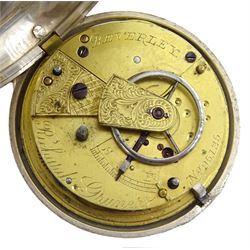Victorian silver pair cased key wound fusee lever pocket watch by Richard Grunert, Beverley, No. 95125, white enamel dial with Roman numerals and subsidiary seconds dial, case by Robert John Pike, Chester 1895