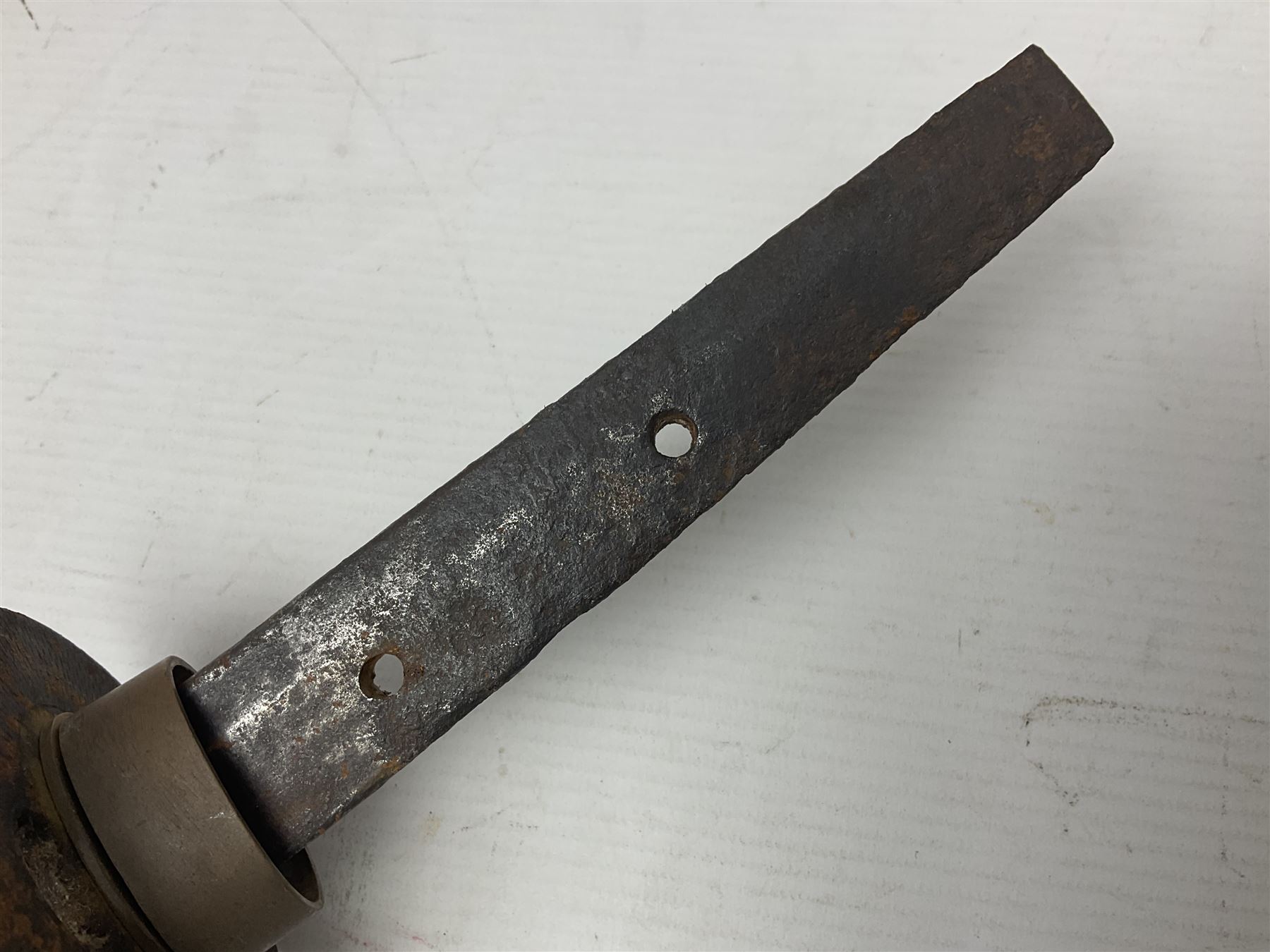 Good quality Japanese sword blade with later WWII fittings and scabbard  - 67.5cm slightly curving blade with unmarked tang, plain iron tsuba and lacquered grip with copper mounts; in lacquered wooden scabbard with tape bound tip L94cm overall