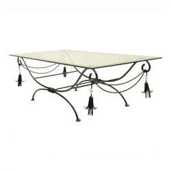 In the manner of Maison Jansen - Regency inspired glass and wrought metal coffee table with scrolling X-form base