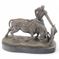 Bronzed figure of a matador and charging bull, signed Mene to the base, H21cm