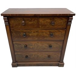 Victorian figured mahogany straight-front chest, fitted with two short over three long drawers, flanked by square pilasters, on skirted base