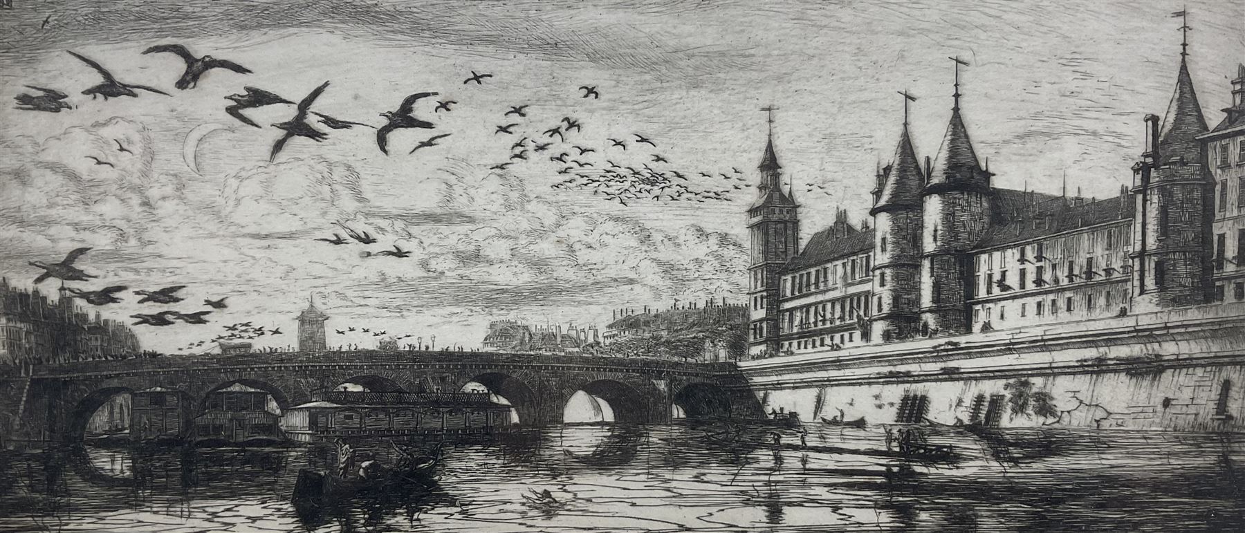 Charles Meryon (French 1821-1868): Le Pont-au-Change (The Exchange Bridge) - Paris, drypoint etching inscribed in the plate 14cm x 32cm