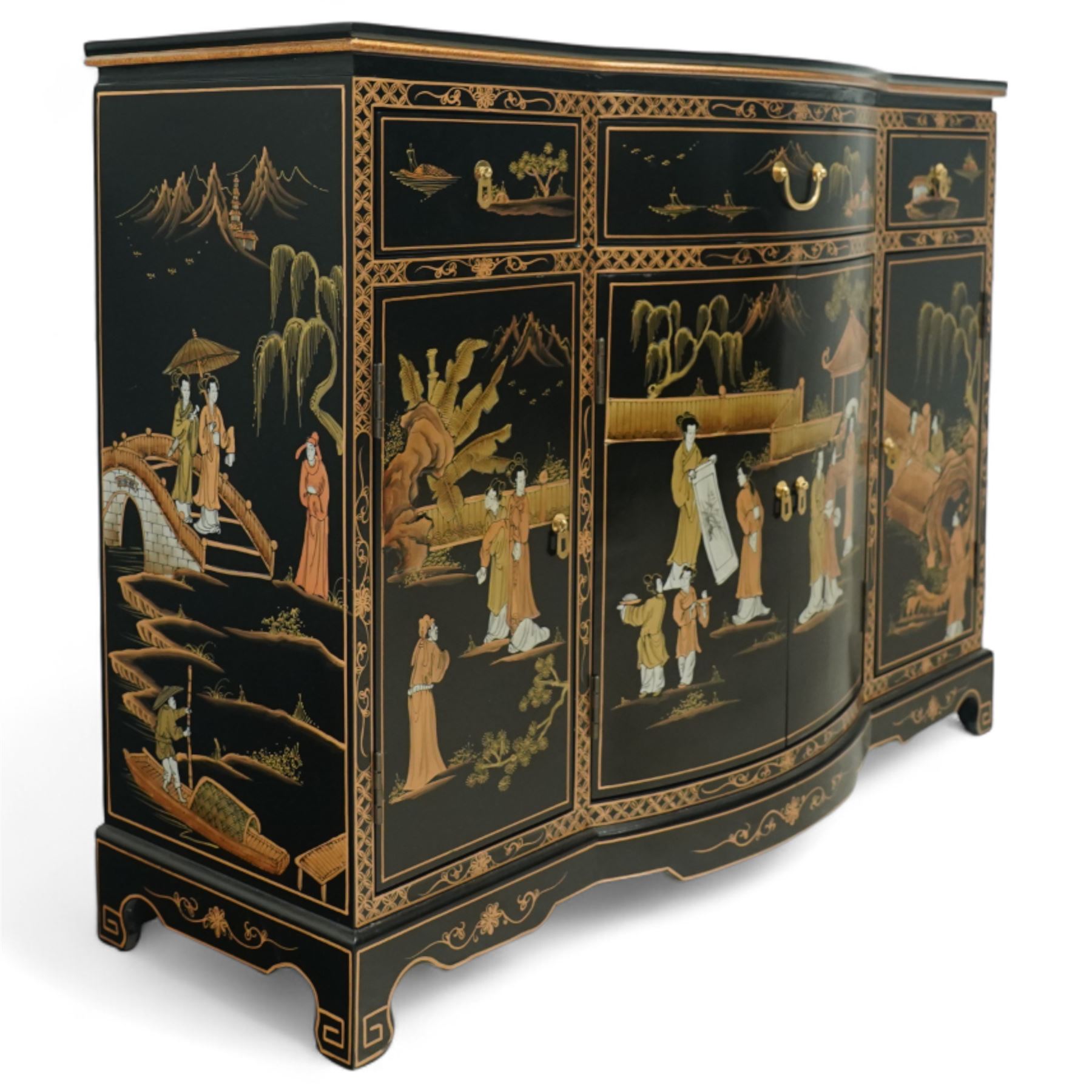 Late 20th century Chinese black lacquered sideboard, serpentine front fitted with three baize-lined drawers over four panelled cupboard doors, decorated throughout with gilt and polychrome figural and landscape scenes, on shaped apron and bracket feet 