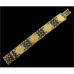 Gold half sovereign bracelet, four loose mounted sovereigns including 1883 shield back, 1892 shield back, 1899 and 1911, in 9ct gold blue and white cubic zirconia openwork bracelet