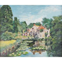 M E Russell (British 20th Century): Mill Pond, oil on board signed 25cm x 30cm 
