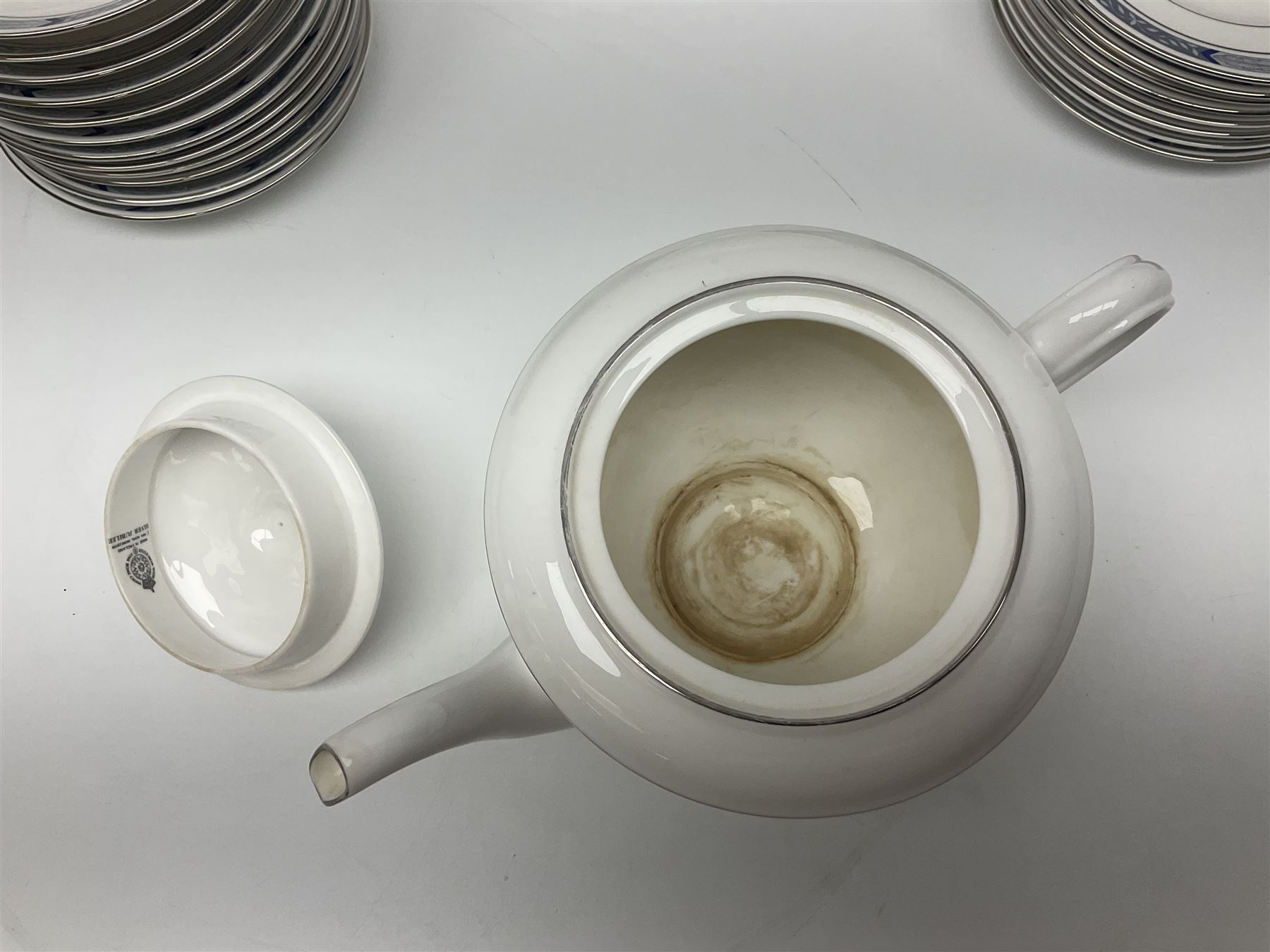 Royal Worcester Beaufort tea service, comprising teapot, milk jug, open saucier, eleven teacups, twelve saucers, eight dessert plates and one cake plate