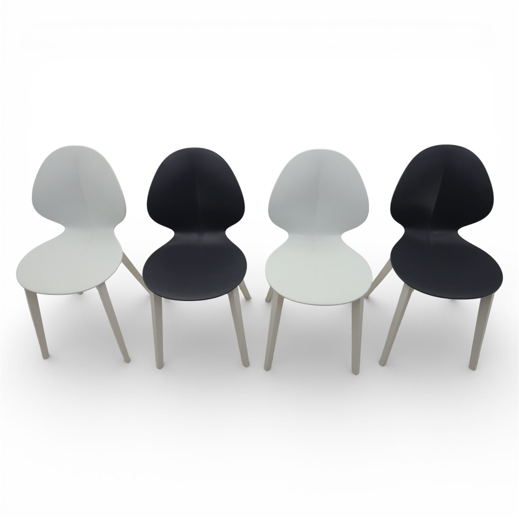 Calligaris - Connubia dining suite, comprising a 'Zeffiro' glass extending dining table and eight 'Academy' chairs, rectangular clear glass top with twin extension leaves extending to 220cm, mounted on white and ochre metal supports with central stretcher, together with eight matching moulded dining chairs with shaped seats and tapered legs