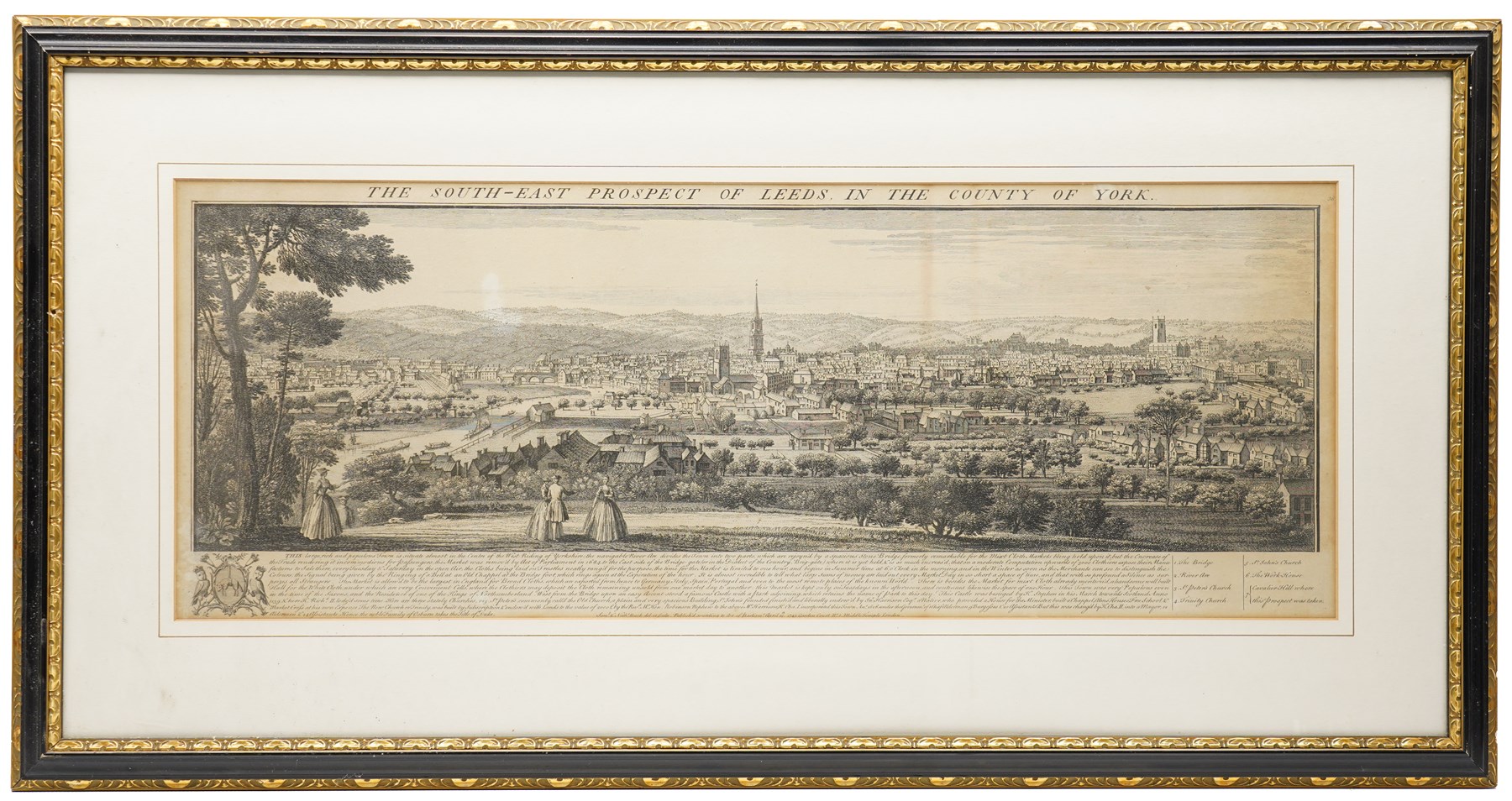 After Samuel Buck (British 1696-1779) and Nathaniel Buck (British fl. 1724-1759): 'The South East Prospect of the City of York' and 'The South East Prospect of Leeds in the County of York', pair of engravings pub. 1745, in matching frames 31cm x 82cm (2)