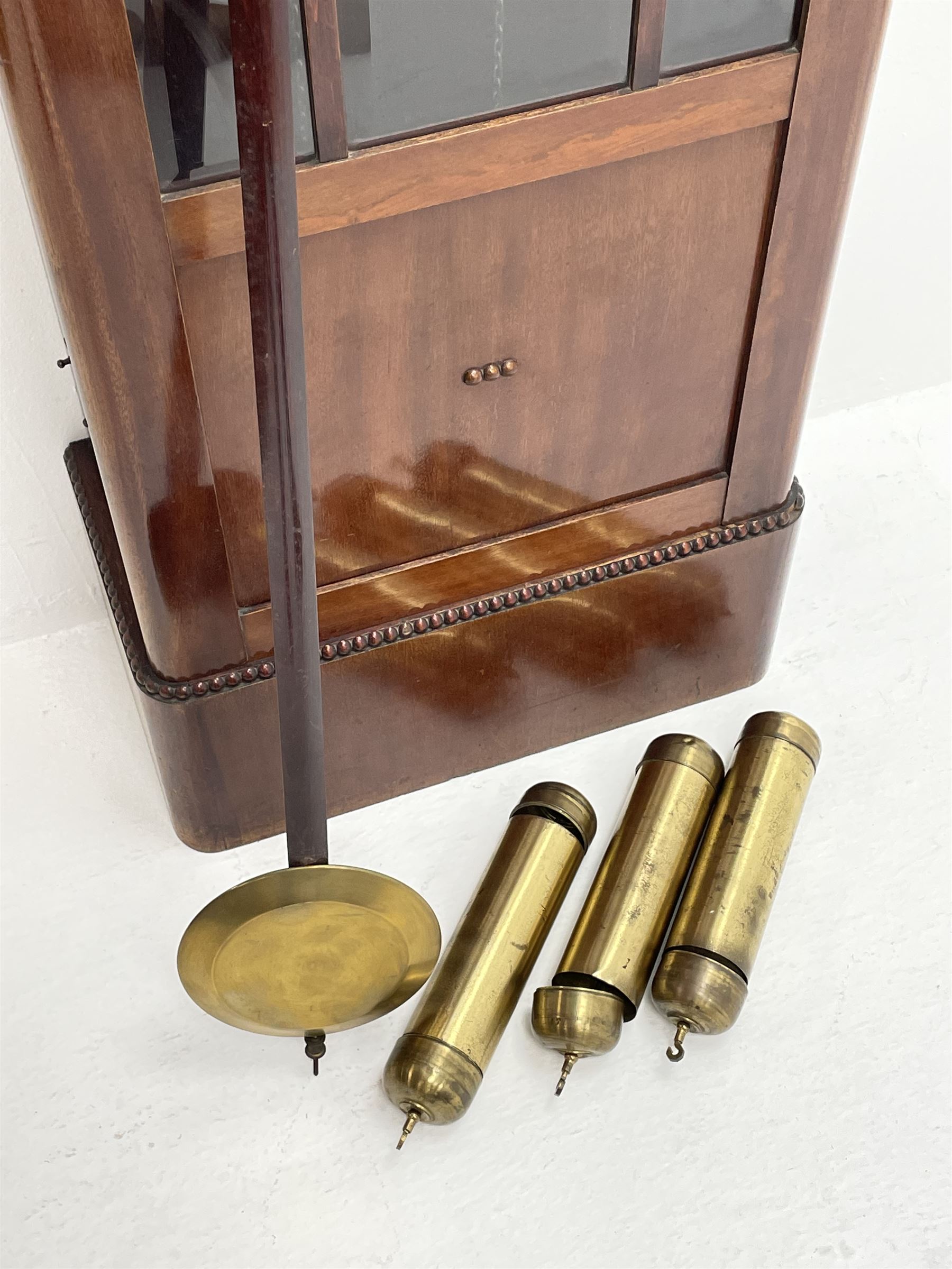 Early 20th century mahogany longcase clock, circular silvered Arabic dial, triple brass weight driven movement striking on rods