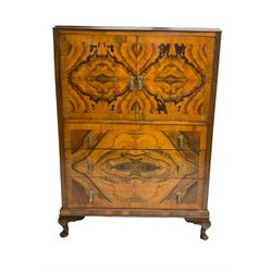 Early 20th century figured walnut tall boy chest (W91cm, H137cm, D50cm); and matching bedside cabinet (W54cm, H86cm, D40cm)