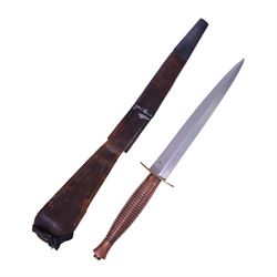 British Commando knife, with 17.5cm double edged blade, with leather scabbard, overall L31cm