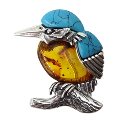 Silver Baltic amber and turquoise kingfisher brooch, stamped 925