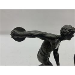 Bronzed model of the discus thrower and another of a episkyros player, both raised upon retangular plinths, H18cm