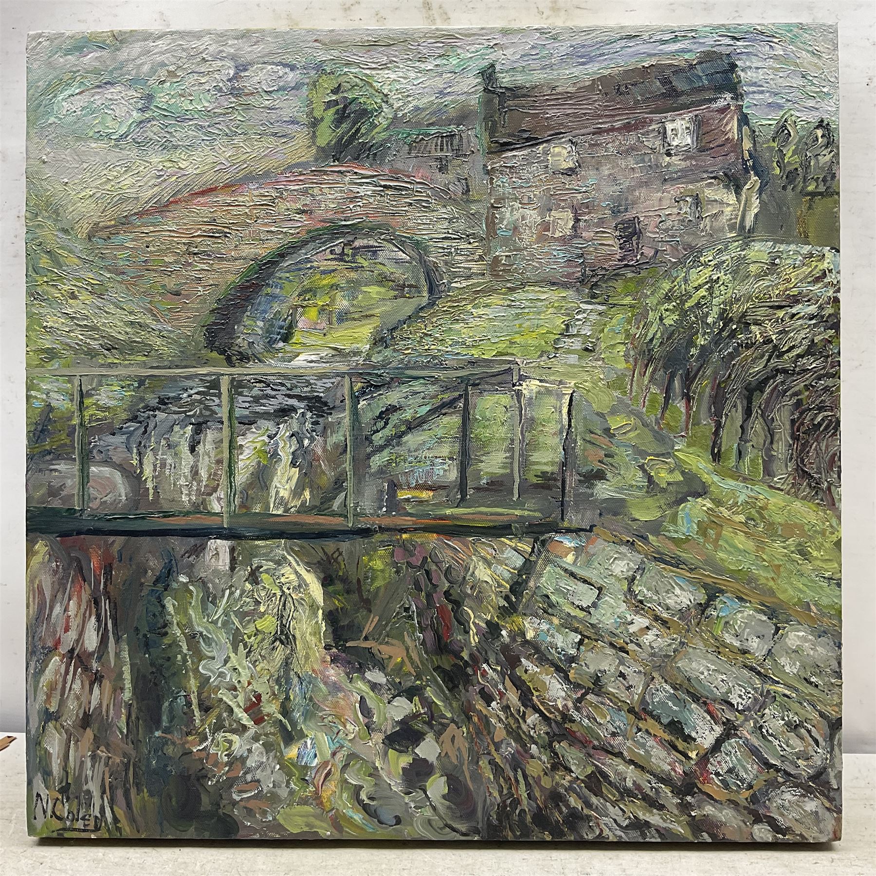 Nick Coley (British Contemporary): The Old Stone Bridge, acrylic on canvas signed 51cm x 51cm (unframed)