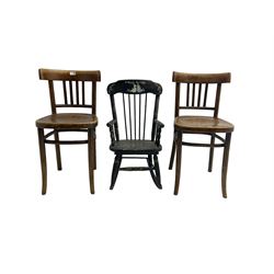 Mazowia - pair early 20th century elm cafe chairs with bentwood panelled seat, with painted oak childs rocking chair