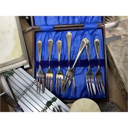 Set of four hallmarked silver teaspoons modelled on spoons from the Roman Imperial period, silver fork, and quantity of silver plated and other cutlery to include Walker & Hall, in two boxes