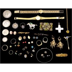 Victorian and later jewellery including 18ct gold four stone diamond ring, pair of 9ct gold opal stud earrings, pair of 15ct gold pearl flower pendant earrings, gold brooches, King George V 1911 half crown, florin, shilling and fourpence silver coins, Rotary 9ct gold wristwatch, silver and gold jewellery