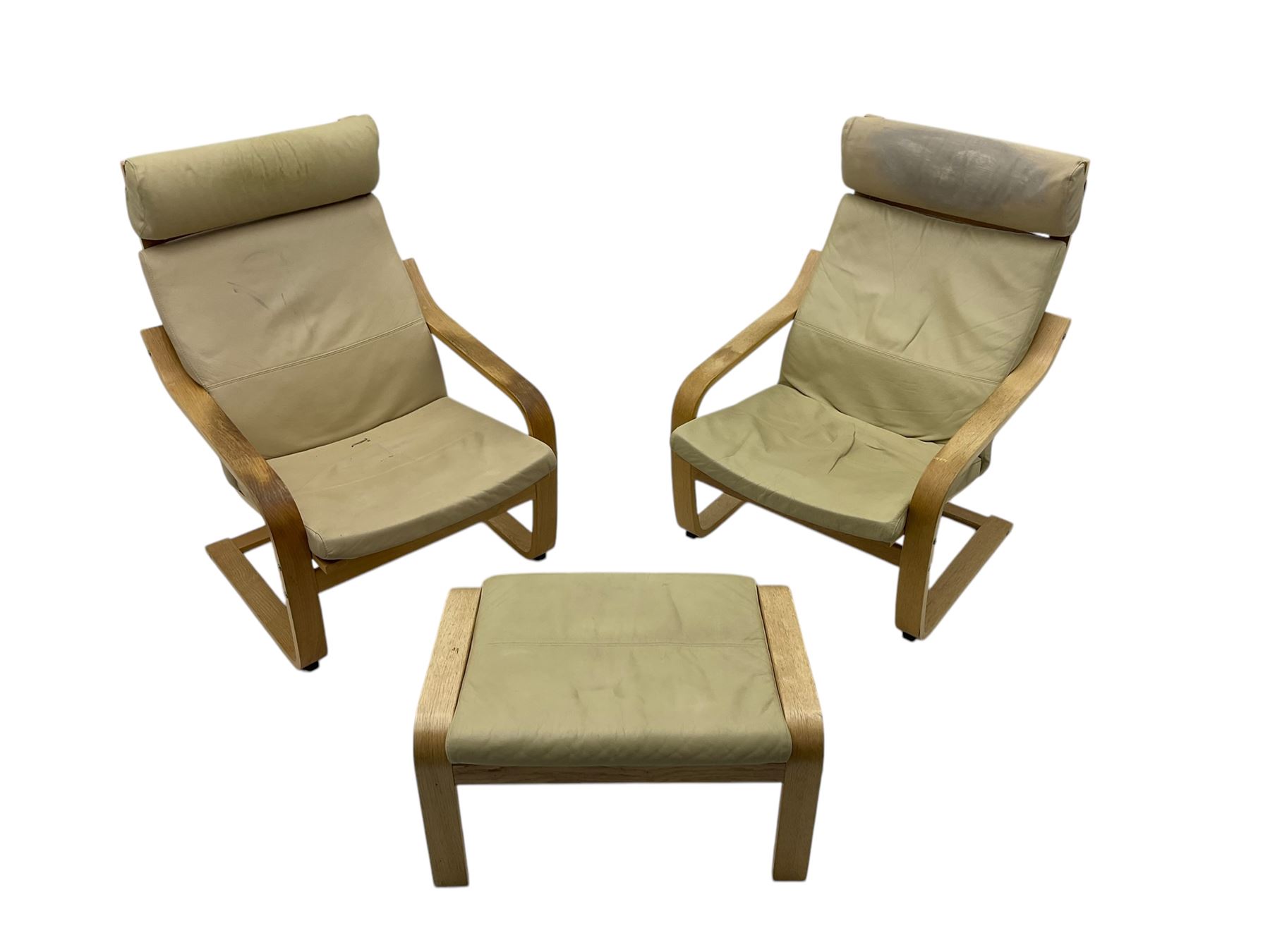 Ikea - pair of 'Poang' cantilever armchairs, upholstered in tan leather; complete with matching footstool (3)