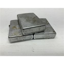 Collection of lighters, including Ronson Varaflame, Zorr Classic, Dunhill bark effect roller gas lighter, and faceted blue glass table lighter, etc