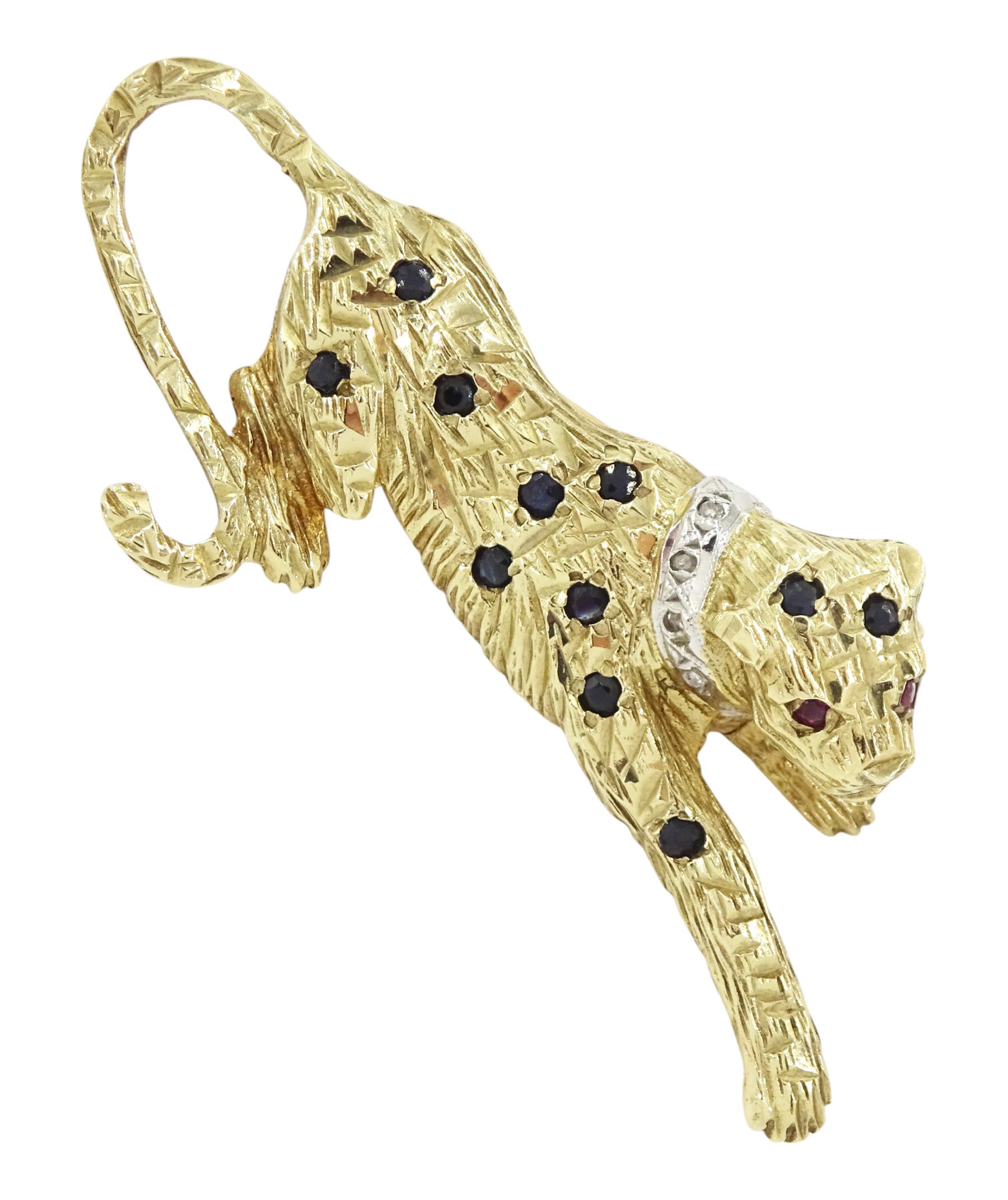 9ct gold sapphire, ruby and diamond leopard brooch, hallmarked