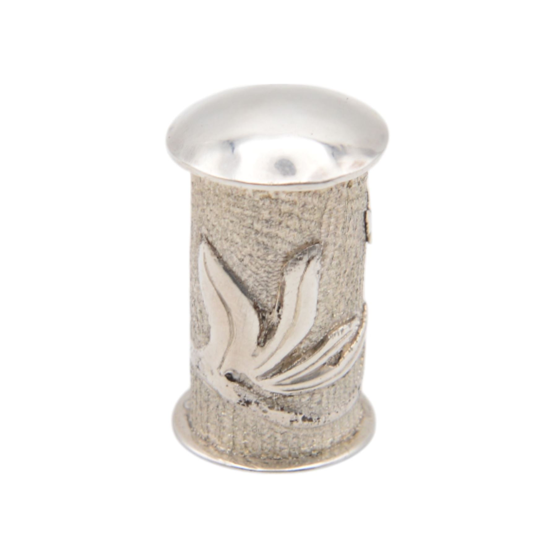 Modern silver cream jug, of circular form with gilt interior, gilt spiral decoration and planished finish throughout, the curved handle with berry detail to base, together with a silver cocktail spoon, with twist handle and a small pin box of cylindrical form, embossed with foliate decoration, all hallmarked Jonathan Braganza, London 2012 and 2013, cream jug H6cm